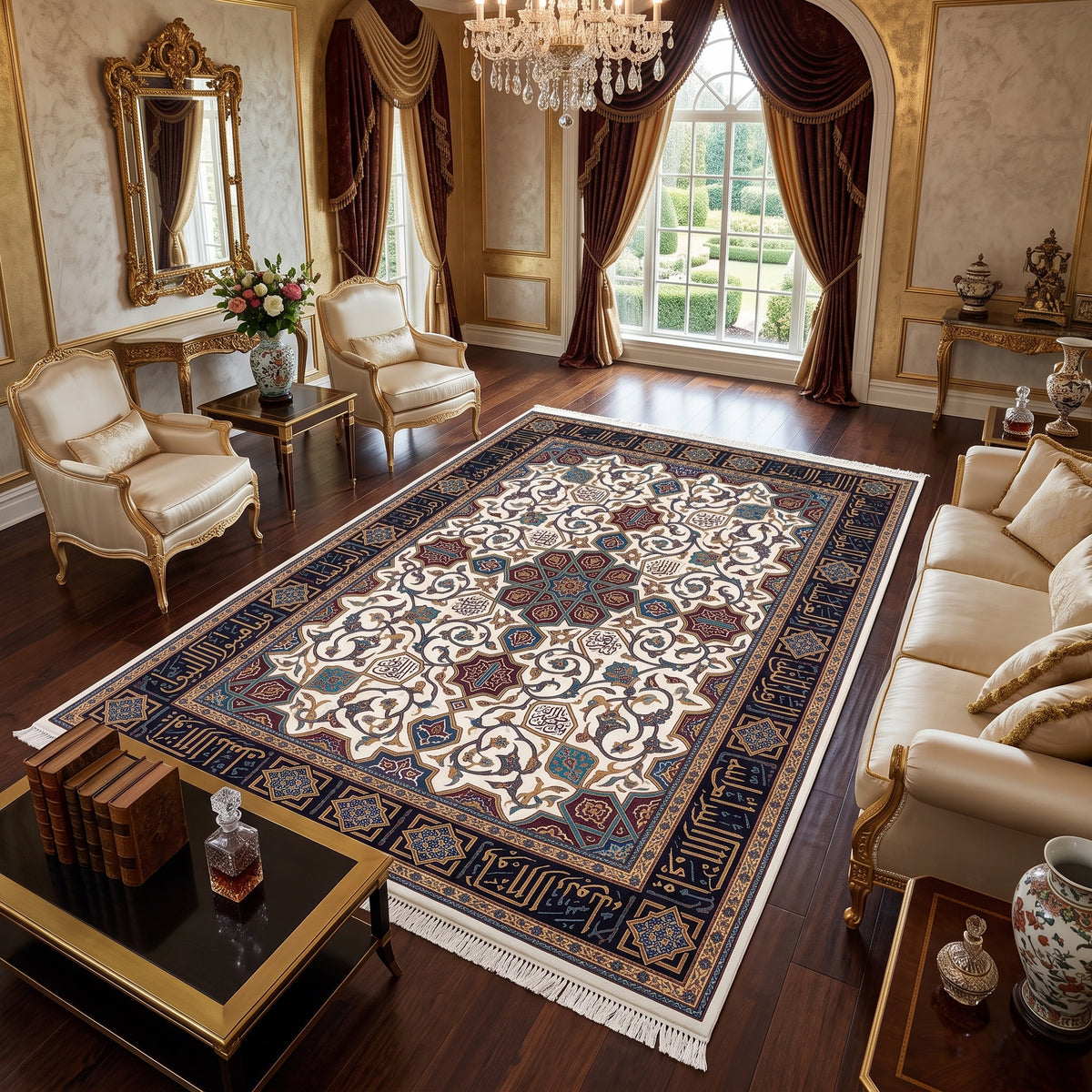 Ornate Calligraphic Arabesque Silk-Style Rug