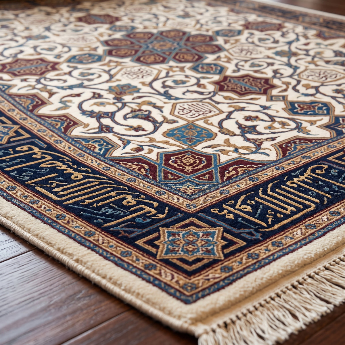 Ornate Calligraphic Arabesque Silk-Style Rug