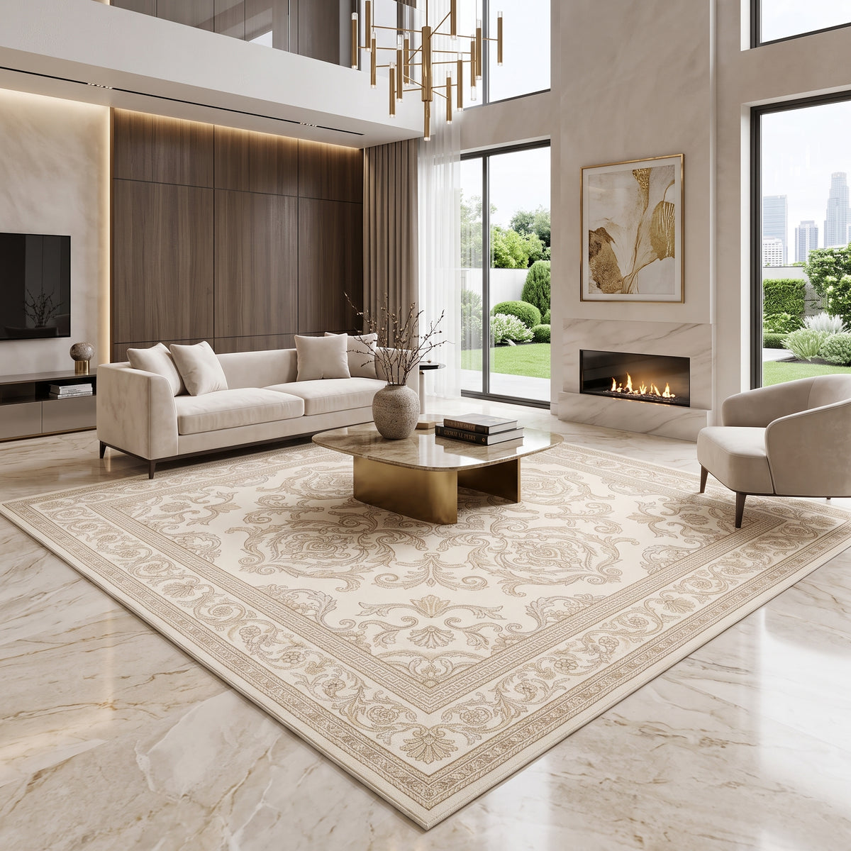 Baroque Filigree Champagne Cream Square Rug