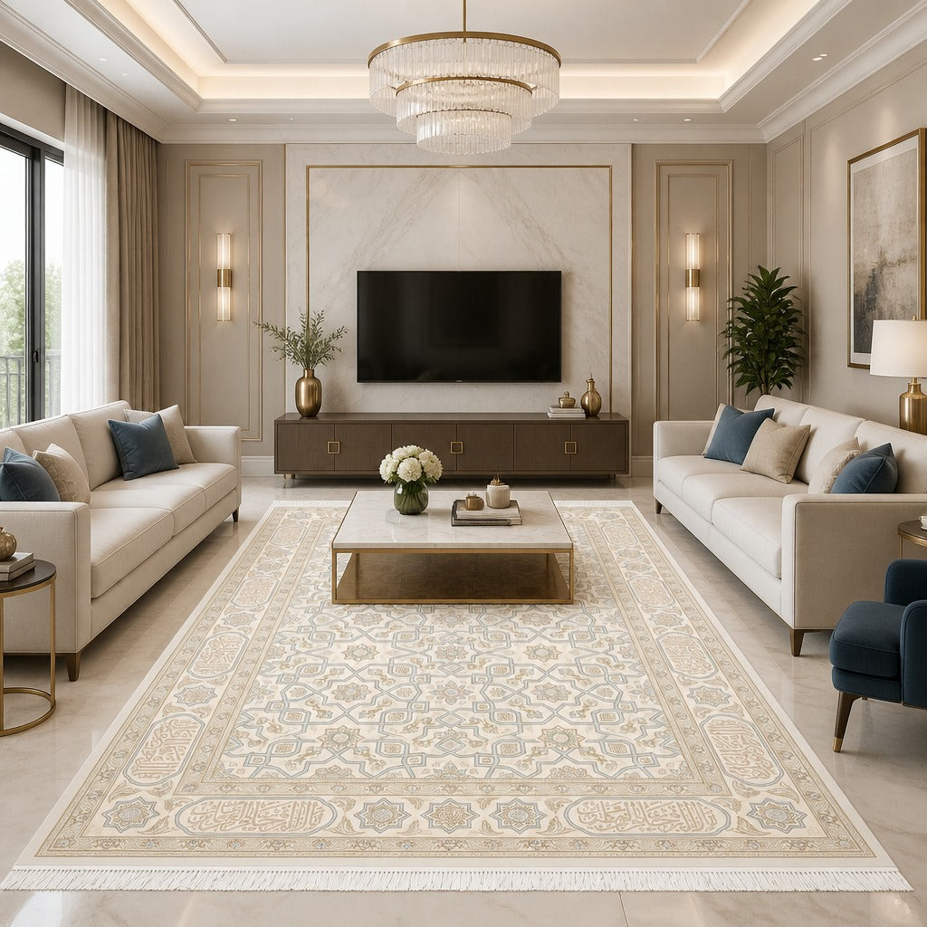 Elegant Calligraphic Geometric Ivory Rug