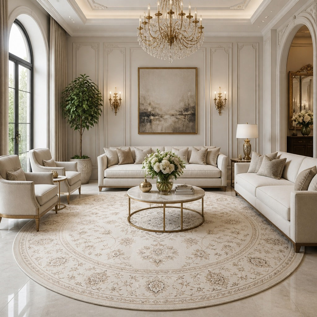 Vintage Floral Medallion Cream Round Rug