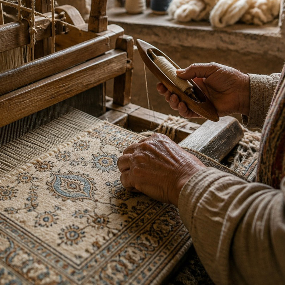 Master artisan weaving premium natural wool and silk fibers for handcrafted rugs